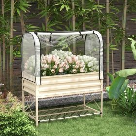 Cream Elevated Metal Raised Garden Bed with Greenhouse Cover