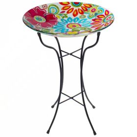 18-inch Blue Yellow Red Pastel Flowered Painted Glass Outdoor Bird Bath w/ Stand