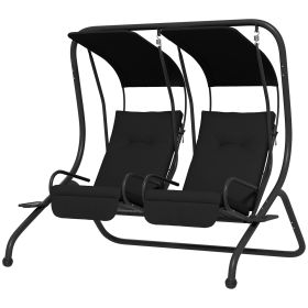 Outsunny 2-Seat Outdoor Porch Swing, with Independent Seat Swing, Cushion, Anti-Slip Foot Pads, Cup Trays, for Patio, Garden, Black