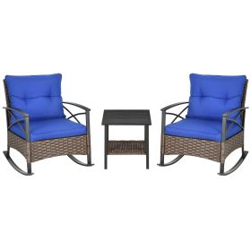 Outsunny 3 Piece Rocking Wicker Bistro Set, 2 Porch Rocker Chairs, Cushions, 2-Tier Coffee Table