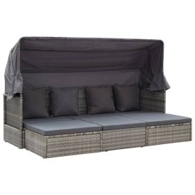 Poly Rattan Patio Lounge Bed with Roof Mixed Gray