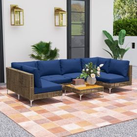 Modular Seven-piece Patio Furniture Set with Slatted Acacia Wood Tabletop