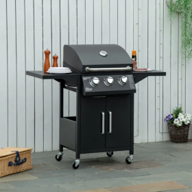 Outdoor 3 Burner Gas Grill Portable BBQ Trolley with Wheels Warming Rack Shelves Cabinet Thermometer Black