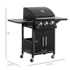 Outdoor 3 Burner Gas Grill Portable BBQ Trolley with Wheels Warming Rack Shelves Cabinet Thermometer Black