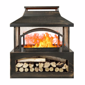 37 Inch Rectangular Metal Outdoor Wood Burning Fireplace - Outdoor Fireplace With Built-in Log Storage & Brush Stick For Log Burner Fire Pit (Color: Black)