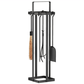 Outsunny Fireplace Tools Set Indoor Outdoor 5 Piece Heavy Duty Metal Fireplace Accessories Set With Brush Broom, Poker, Shovel, Tongs And Stand (Color: Black)