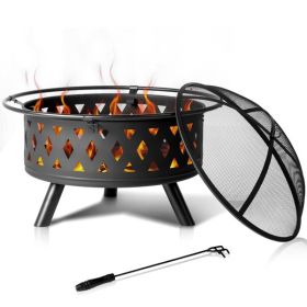 Black, Wrought Iron Outdoor Firepit, 32in Round Shape With Lifting Ring, Mesh Lid, Diamond Holes, Wood-burning Brazier (Color: Black)