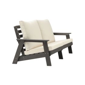 HIPS Loveseat with Cushion, Wood Grain Outdoor Garden Sofa, Sofa Set for Porch, Poolside, Terrace, and Yard Grey/Beige (Color: as Pic)