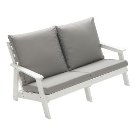 HIPS Loveseat with Cushion, Wood Grain Outdoor Garden Sofa, White/Grey (Color: as Pic)