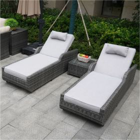 Direct Wicker 3 Piece Outdoor Patio with Adjustable Backrest Rattan Chaise Lounge Set with Cushions (Color: Gray)
