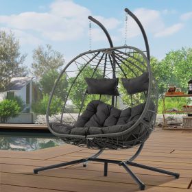 2 Persons Egg Chair with Stand Indoor Outdoor Swing Chair Patio Wicker Hanging Egg Chair Hanging Basket Chair with Stand for Bedroom Living Room (Main Material: Steel, Main Color: Grey)