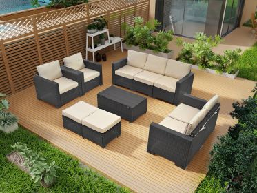 10 Piece PE Rattan Patio Furniture Set, Sectional Sofa Set, Outdoor Patio Furniture Set With Cushions & Tempered Glass Coffee Table (Main Material: PE Rattan+Iron+Waterproof Fabric, Main Color: Brown Multi)